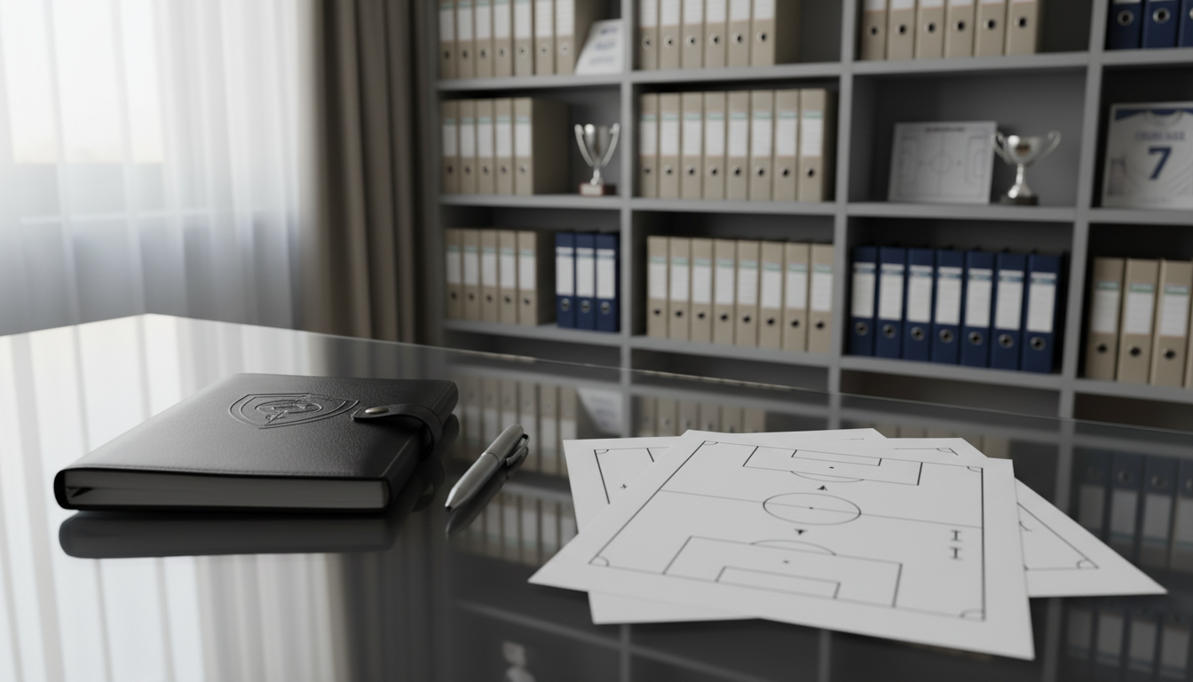 A meticulously arranged professional football scouting desk, featuring a sleek black leather-bound notebook embossed with a discreet logo, a brushed steel ballpoint pen, and clean printouts of tactical pitch diagrams. The items rest on a glass-topped desk showcasing subtle reflections, with a structured layout and uncluttered arrangement. Behind, a softly blurred bookshelf filled with neutral-toned binders and football memorabilia lines the wall. Natural daylight from a nearby window bathes the scene, producing mild highlights and gentle, well-dispersed shadows, enhancing the sense of professionalism and competence. The camera captures the scene from a slightly elevated angle with balanced composition and sharp focus throughout. The overall mood is calm, focused, and efficient, representing the precise, analytical nature of football scouting in a photographic, corporate style.