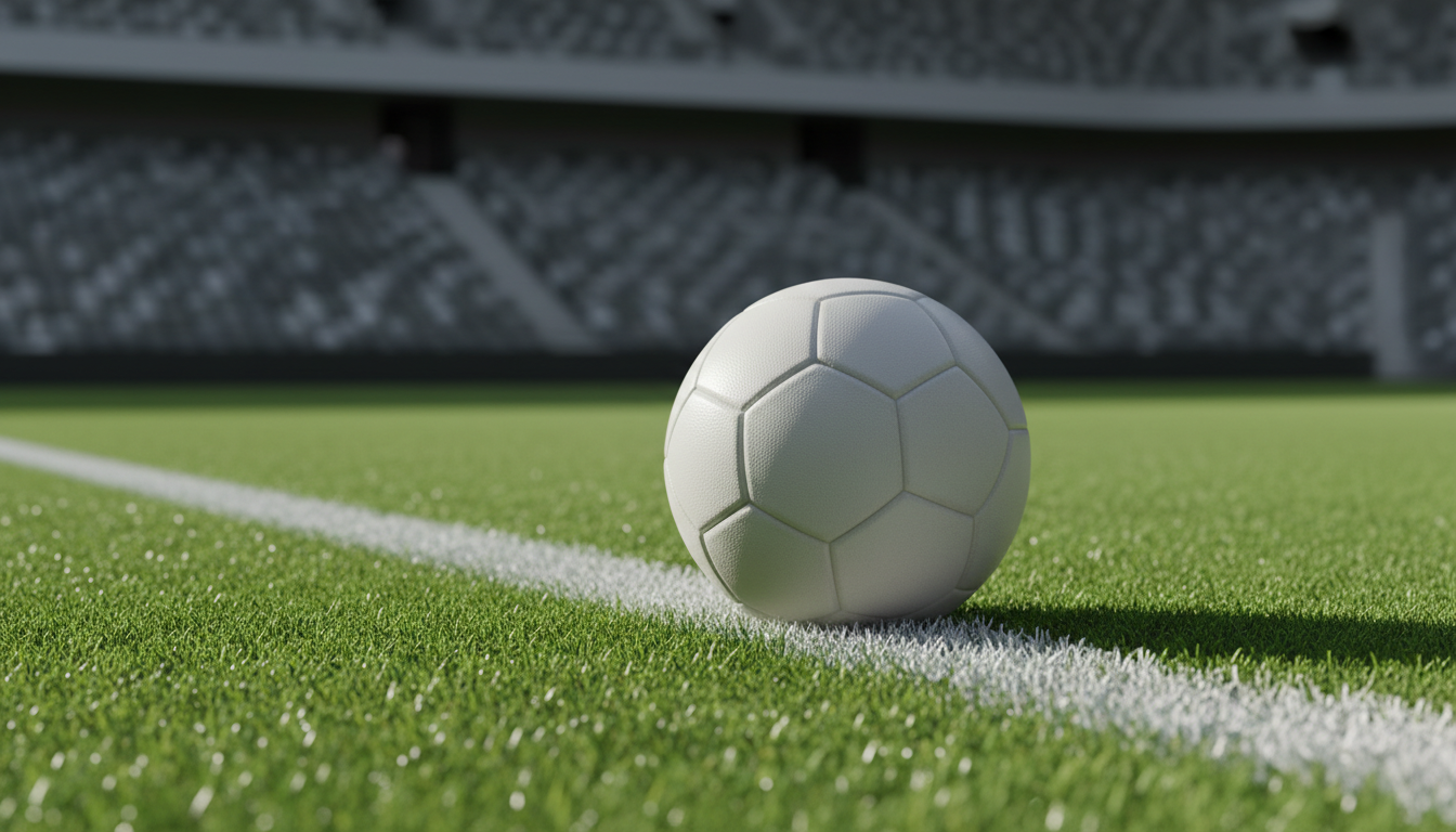 A close-up of a high-quality synthetic football placed precisely on an immaculately marked white line of a lush, perfectly maintained green pitch. The ball’s textured panels and matte sheen are captured with crisp detail, resting in a sunlit stadium setting with a blurred background showing minimalist, modern stadium seats in neutral gray tones. Soft afternoon sunlight casts subtle, elongated shadows, emphasizing the spherical form and tactile texture of the football. The composition uses rule of thirds, placing the ball slightly off-center for dynamic balance. The mood is methodical and poised, highlighting anticipation and strategic preparation. The photographic style is clean, realistic, and reflects a modern, professional image consistent with elite football analysis.