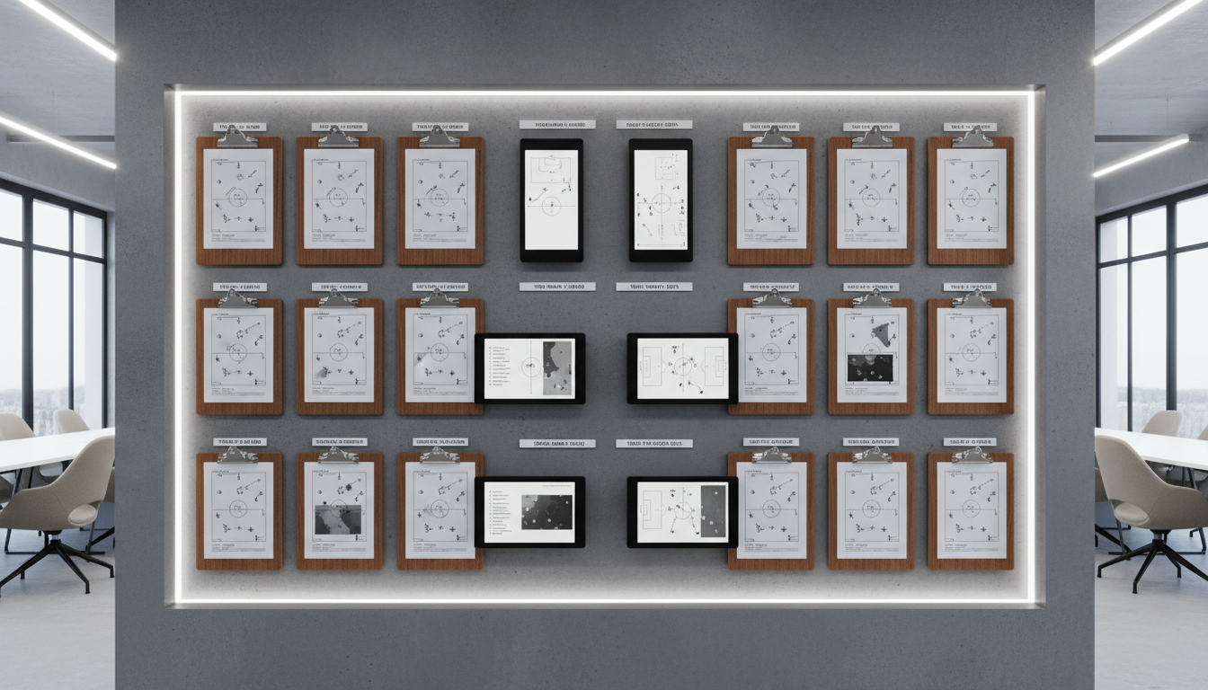 An orderly wall-mounted display featuring a collection of polished clipboards and digital tablets, all methodically labeled and featuring clear, monochrome scouting reports, tactical diagrams, and heat maps. The display hangs against a smooth concrete wall in a pristine, well-lit office space, filled with neutral hues and subtle architectural detailing. Bright, diffuse artificial lighting ensures even illumination, casting minimal shadows and bringing clarity to every object. The composition is frontal and symmetrical, conveying structure and attention to detail. The visual style is photographic realism with a minimalist, high-end corporate aesthetic, echoing the analytical rigour and professionalism at the core of elite football scouting education.